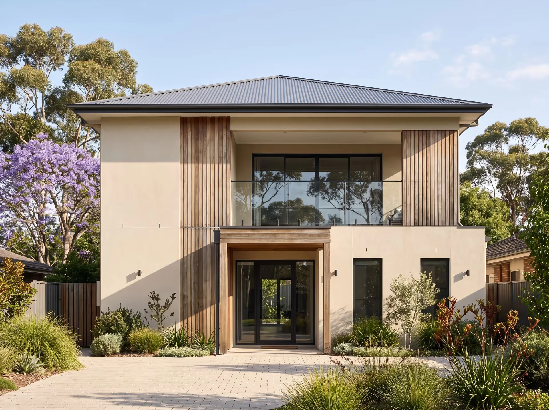 A modern two-storey New South Wales home with timber batten accents, a covered entry and neat native landscaping.