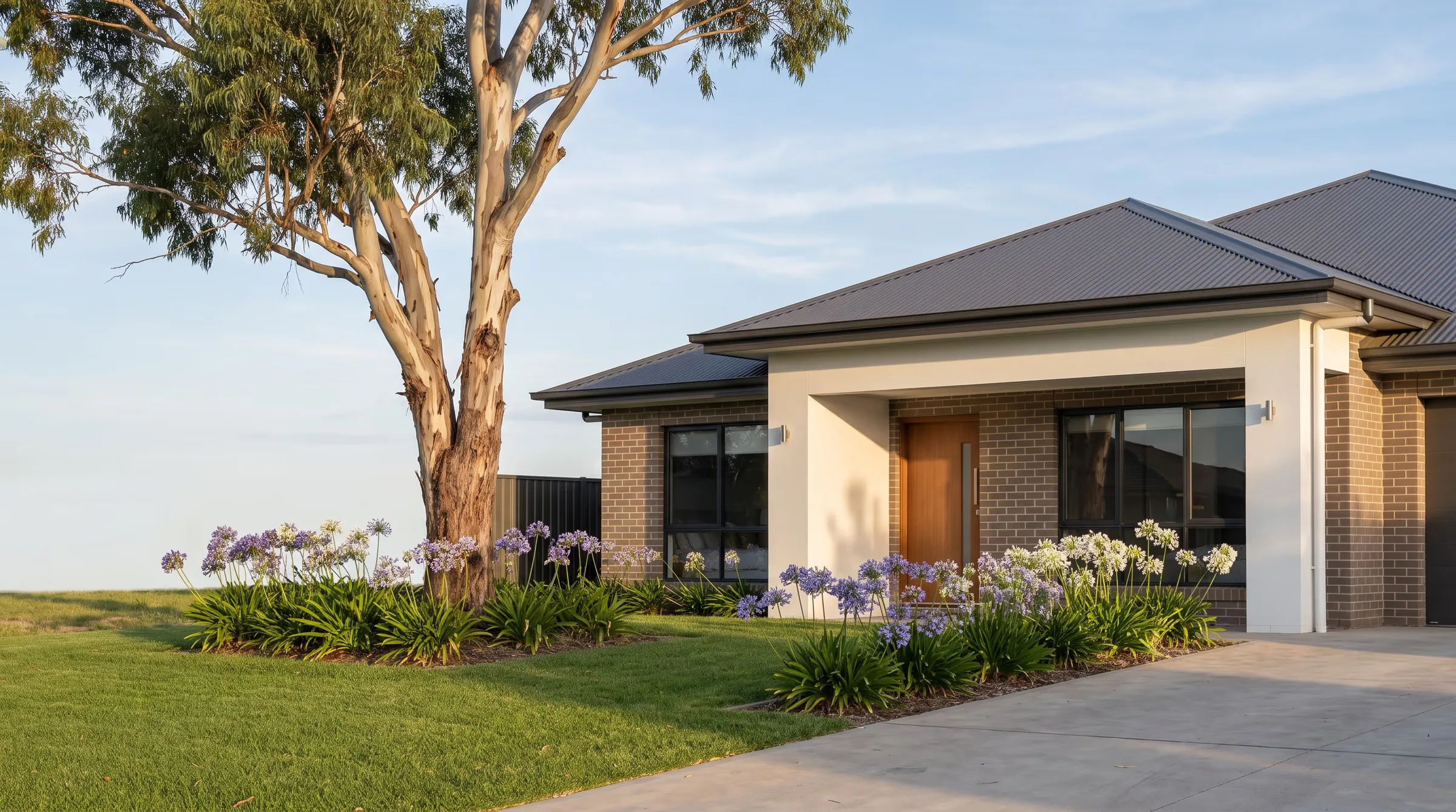 A contemporary single-storey New South Wales home with a rendered facade, dark roof and landscaped native front garden in late afternoon light.