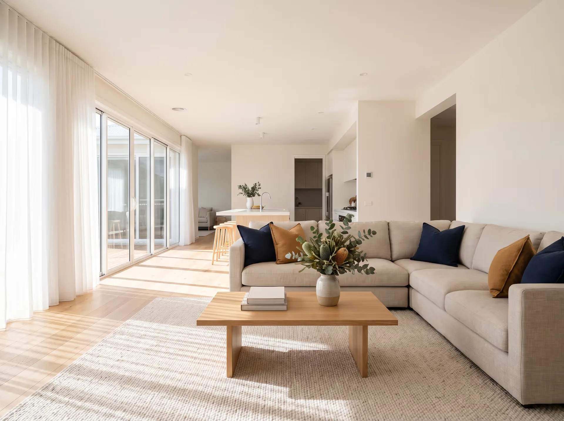 A well-presented open-plan living room with a neutral sofa, light oak floorboards and natural daylight.